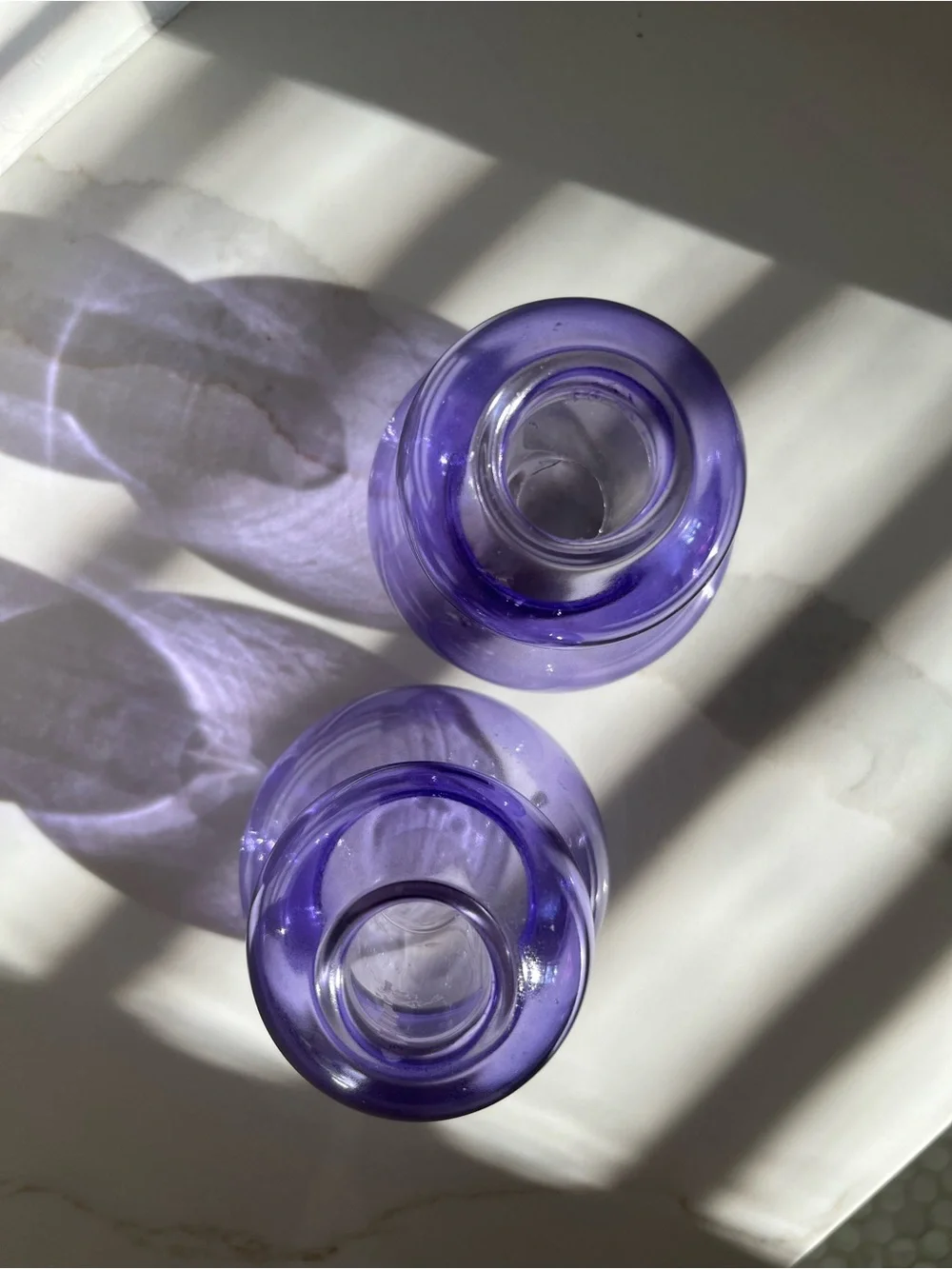 Purple Glass Taper Candle Holders Set of 2 Sculptural Violet Double-bulb Shape